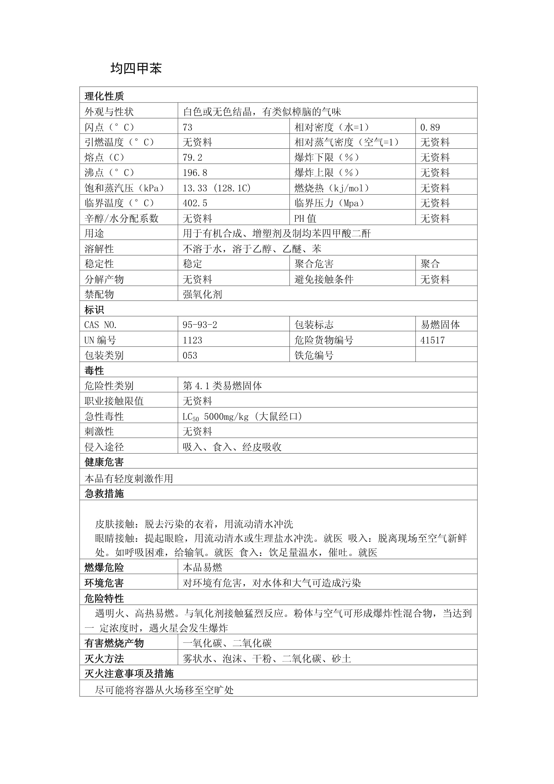 均四甲苯安全技术说明书